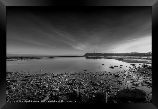 Scarborough North Bay at low tide (Black and White Study) Framed Print by Michael Shannon