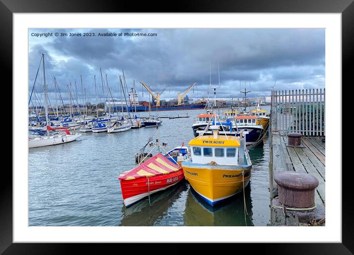 Fishing boats, Yachts and a container ship Framed Mounted Print by Jim Jones