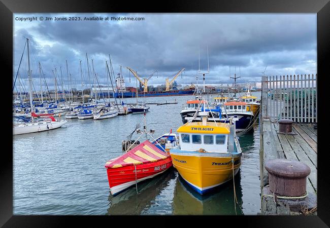 Fishing boats, Yachts and a container ship Framed Print by Jim Jones