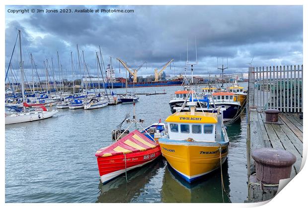 Fishing boats, Yachts and a container ship Print by Jim Jones