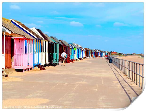Beach huts, Sutton-on-sea, promenade. Print by john hill