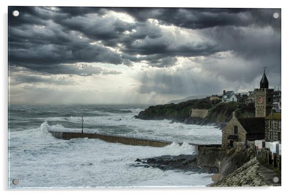 Porthleven  stormy sea Acrylic by kathy white