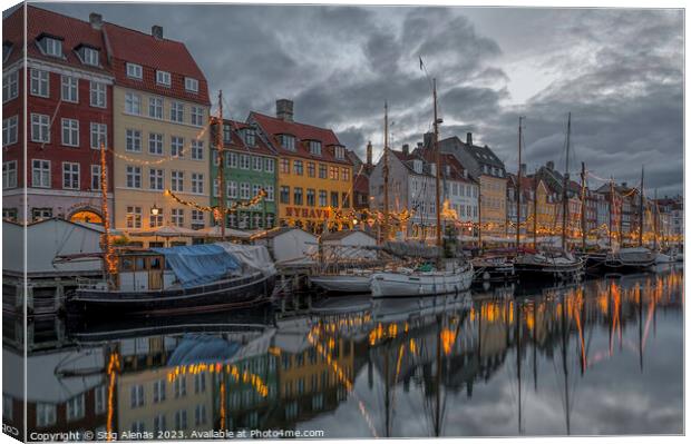 Fishing boats among glittering Christmas decorations in Copenhag Canvas Print by Stig Alenäs