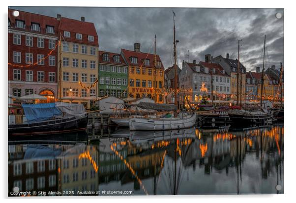 Christmas deocorations reflect in Copenhagen Nyhavn canal  Acrylic by Stig Alenäs