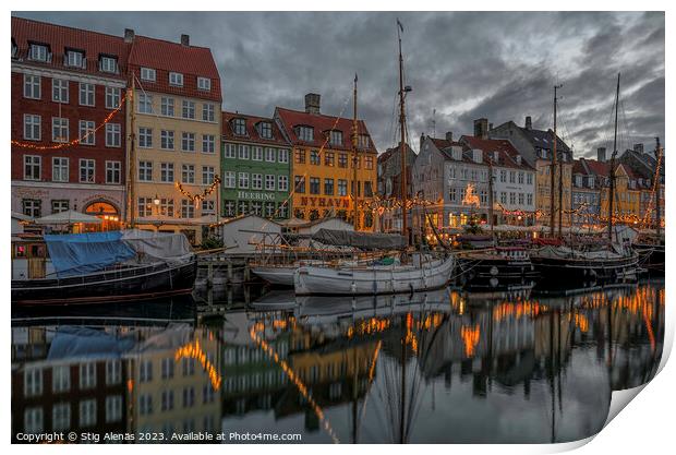 Christmas deocorations reflect in Copenhagen Nyhavn canal  Print by Stig Alenäs