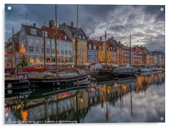 Christmas lights reflect in Copenhagen Nyhavn canal at dusk Acrylic by Stig Alenäs