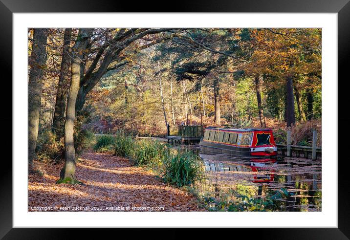 Canal Boat on the Basingstoke Canal in Autumn Framed Mounted Print by Pearl Bucknall