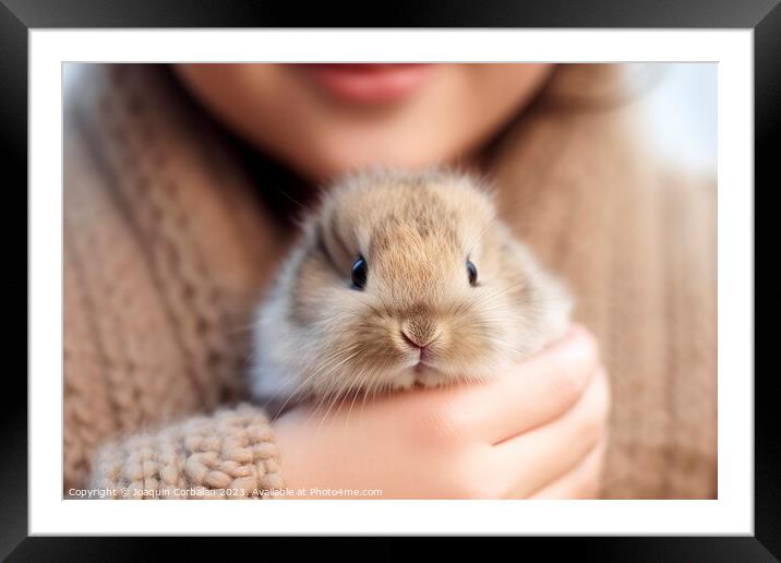 Little girl carefully holds her pet, a cute guinea pig. Framed Mounted Print by Joaquin Corbalan