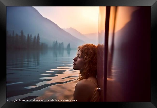 A beautiful young woman bathing in the lake next t Framed Print by Joaquin Corbalan