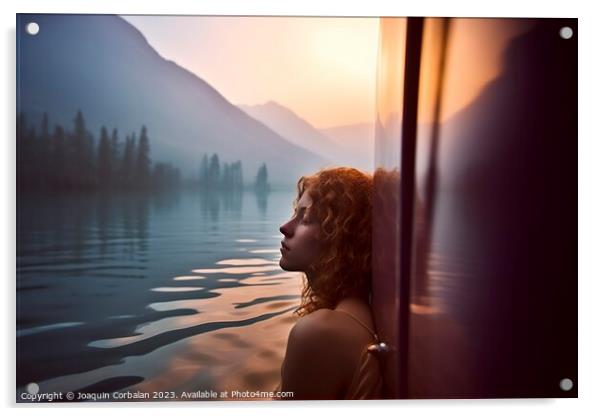 A beautiful young woman bathing in the lake next t Acrylic by Joaquin Corbalan
