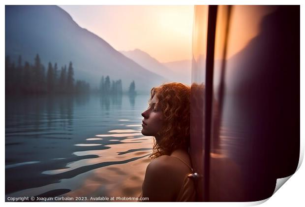 A beautiful young woman bathing in the lake next t Print by Joaquin Corbalan