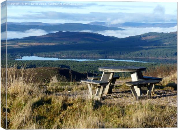Picnic Table with a view - Loch Morlich - Cairngorm Mountains Canvas Print by Phil Banks