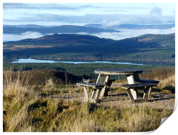 Picnic Table with a view - Loch Morlich - Cairngorm Mountains Print by Phil Banks