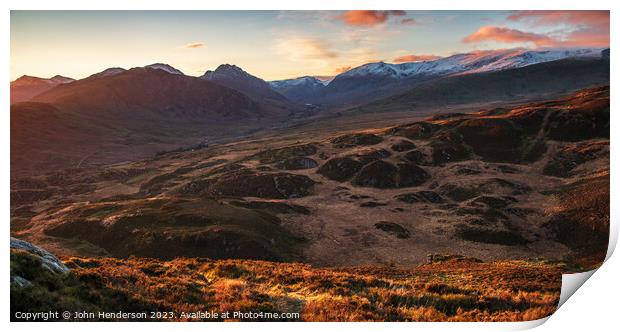 Ogwen valley sunset panorama Print by John Henderson