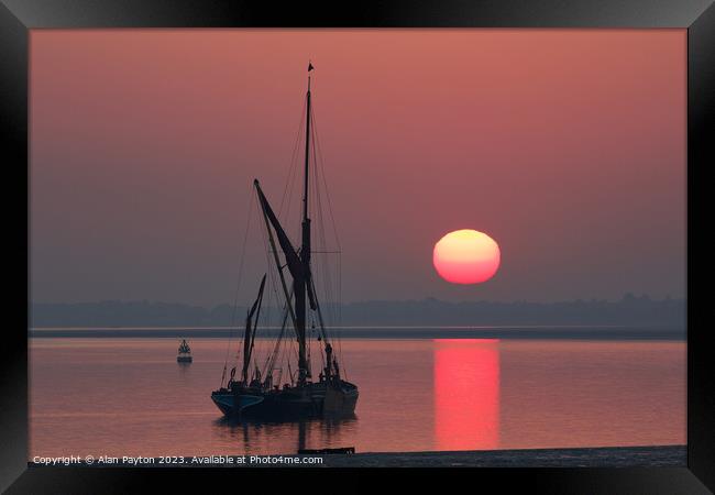 Thames sailing barge at red sunrise Framed Print by Alan Payton