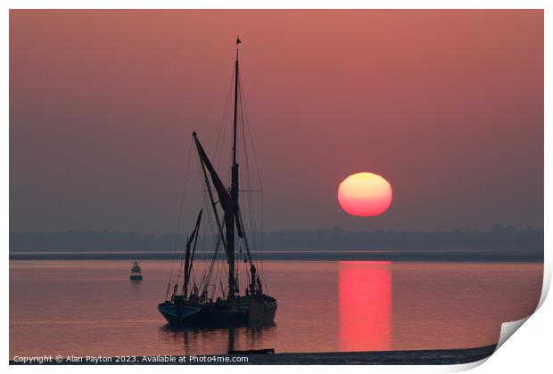 Thames sailing barge at red sunrise Print by Alan Payton