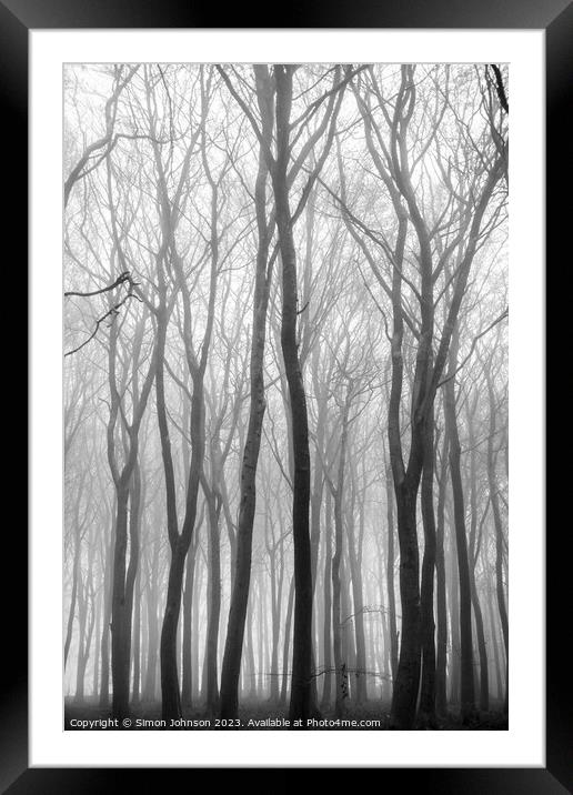 Woodland mist Monochrome  Framed Mounted Print by Simon Johnson