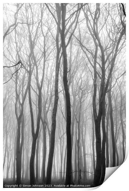 Woodland mist Monochrome  Print by Simon Johnson