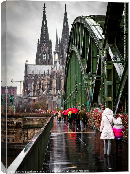 Rainy Day Crossing the Hohenzollern Bridge, Cologne, Germany Canvas Print by Stephen Young