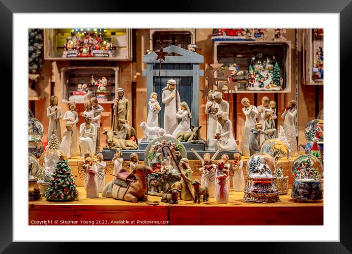 Cologne Christmas Market - Festive Scenes with Religious Figurines and Snow Globes Framed Mounted Print by Stephen Young