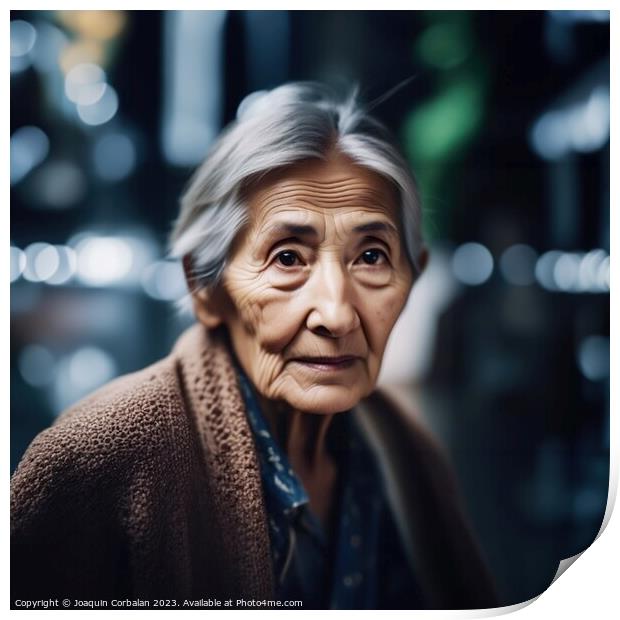 Asian elderly woman with wrinkled skin. Print by Joaquin Corbalan