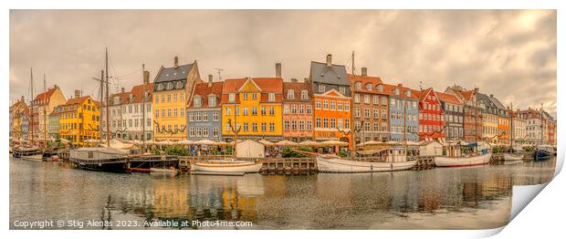 panorama of Nyhavn with colorful houses and boats moored at the  Print by Stig Alenäs