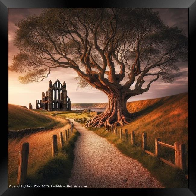 Tree and Whitby Abbey (AI Generated) Framed Print by John Wain