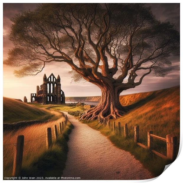 Tree and Whitby Abbey (AI Generated) Print by John Wain