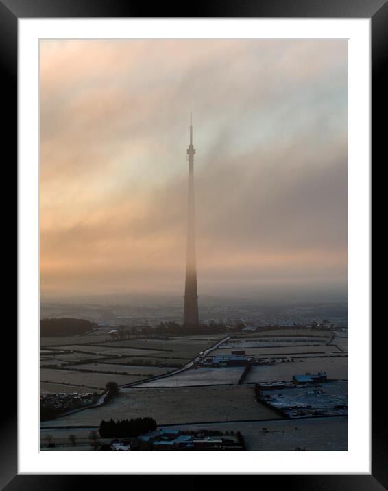 Emley Moor Mast Sunrise Mist Framed Mounted Print by Apollo Aerial Photography