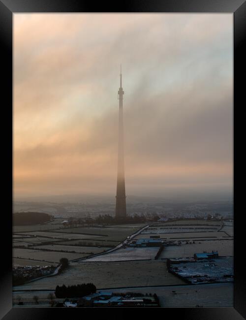 Emley Moor Mast Sunrise Mist Framed Print by Apollo Aerial Photography