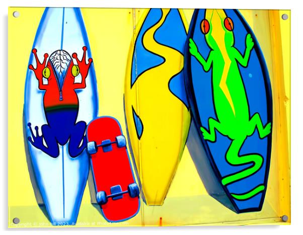 Street art of surf boards and skate board. Acrylic by john hill