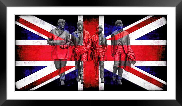 Liverpool Beatles on a Union Jack Background Framed Mounted Print by Tim Hill