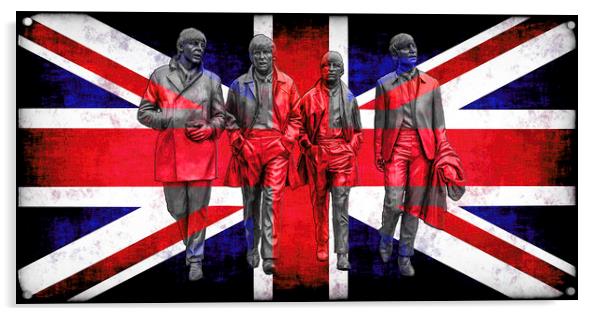 Liverpool Beatles on a Union Jack Background Acrylic by Tim Hill
