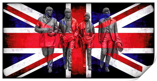 Liverpool Beatles on a Union Jack Background Print by Tim Hill