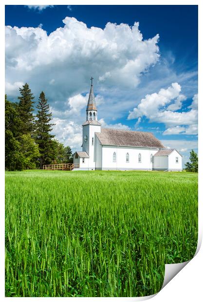wheat field with historic Chapelle St. Thérèse church Print by Dave Reede