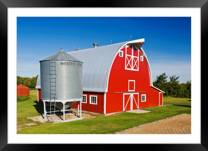 red barn and grain bin Framed Mounted Print by Dave Reede