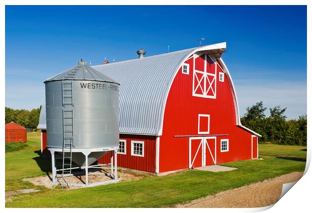 red barn and grain bin Print by Dave Reede