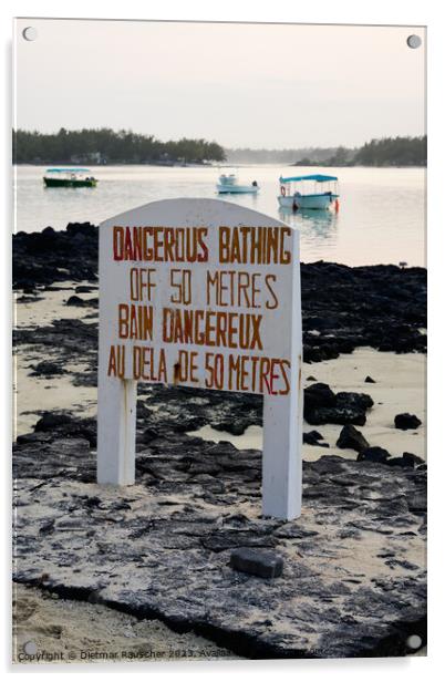 Dangerous Bathing Sign at Blue Bay, Mauritius Acrylic by Dietmar Rauscher