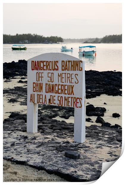 Dangerous Bathing Sign at Blue Bay, Mauritius Print by Dietmar Rauscher