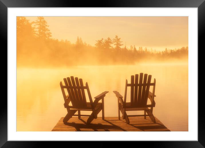 chairs on dock, Lyons Lake Framed Mounted Print by Dave Reede