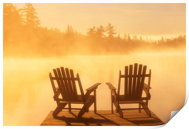 chairs on dock, Lyons Lake Print by Dave Reede