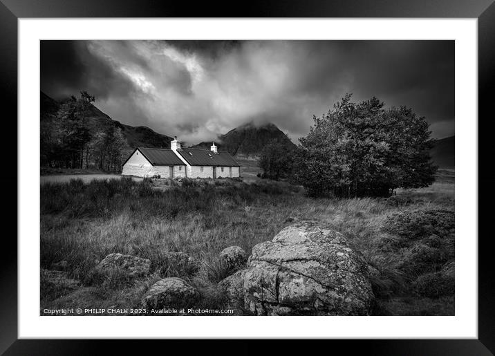 Black rock cottage Glencoe black and white 985 Framed Mounted Print by PHILIP CHALK