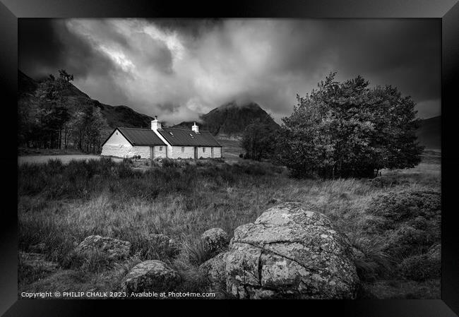 Black rock cottage Glencoe black and white 985 Framed Print by PHILIP CHALK