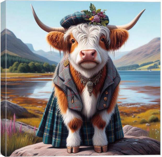 Highland Cow,in a kilt Canvas Print by kathy white