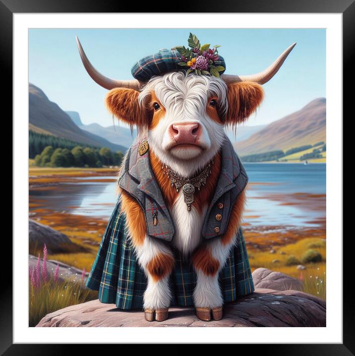 Highland Cow,in a kilt Framed Mounted Print by kathy white