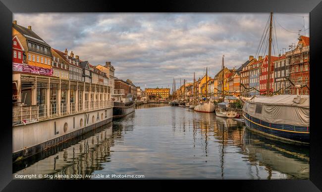 The restaurant boat Liva II moored in the Nyhavn canal in Copenh Framed Print by Stig Alenäs