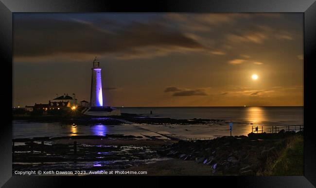 St Marys Lighthouse under full moon Framed Print by Keith Dawson