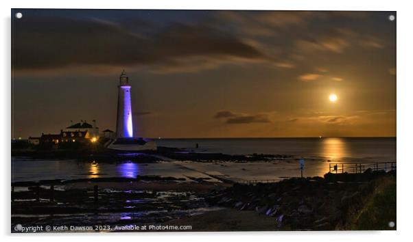 St Marys Lighthouse under full moon Acrylic by Keith Dawson