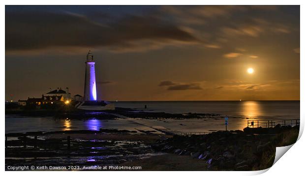 St Marys Lighthouse under full moon Print by Keith Dawson
