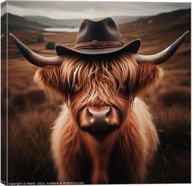 A Highland cow wearing a cowboy hat in Scotland  Canvas Print by Paddy 